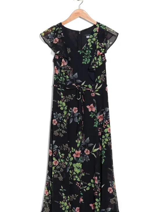 Tommy Hilfiger Flutter Sleeve Floral Midi Wedding Guest Dress In Navy